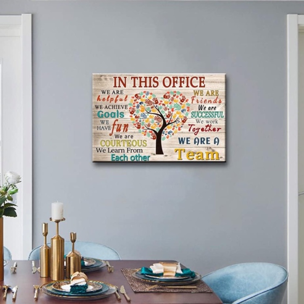 Office artwork with colorful inspirational phrases and handprints around a tree - Picture 3 of 5